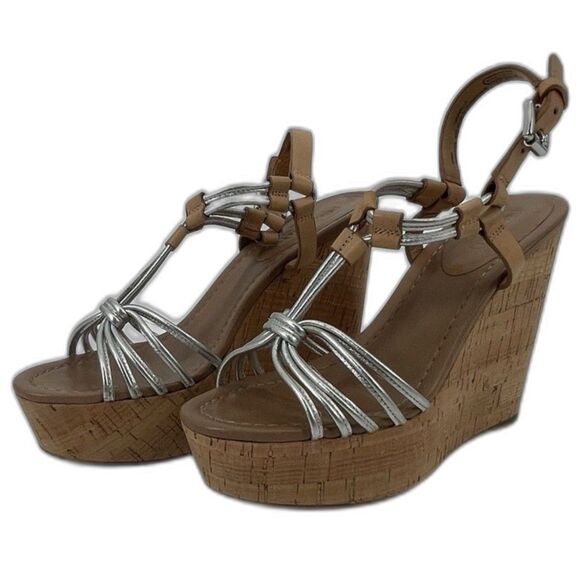 Coach Georgiana Womens Wedge Sandal Metallic Strappy Leather Platform Cork 6.5 - Picture 3 of 14